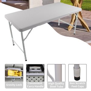 Tavolo Pieghevole Portatile in Rattan Bianco da 4 Piedi per Interni ed Esterni con Design Intrecciato - Product Image 3