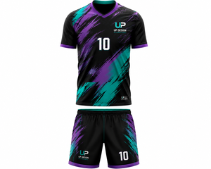 ชุดเสื้อฟุตบอลและกางเกงขาสั้นสีดำม่วงเขียวแบบซับลิเมชั่น ระบายอากาศได้ดี ผลิตจากโพลีเอสเตอร์ ชุดยูนิฟอร์มทีมฟุตบอล ชุดกีฬา - Product Image 1