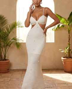 Vestido largo maxi blanco marfil con aberturas para mujer, de verano, para playa, con tirantes finos, ajustado, para fiesta en la playa - Product Image 1