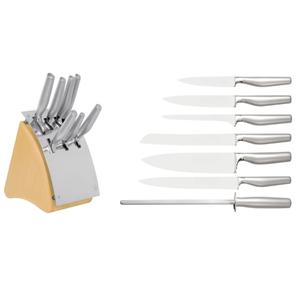 Ensemble de couteaux de cuisine professionnels 7 pièces avec lames en acier inoxydable, manches ergonomiques en métal, bloc de rangement en bois et aiguiseur - Product Image 1