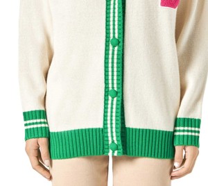 Cardigan en tricot pour femme, manches longues, col en V, style preppy, fermeture boutonnée, double boutonnage, vert et blanc, matière acrylique respirante - Product Image 3