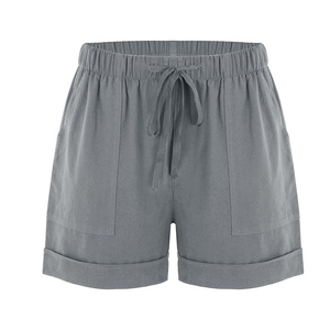 Shorts décontractés pour femmes à taille haute élastique en polyester/coton, poches plaquées, coupe régulière, tissu tricoté léger, ourlet roulé - Product Image 5