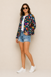 Veste en coton brodée à la main pour femmes |   Veste courte ethnique bohème florale |   Manteau décontracté matelassé artisanal tendance - Product Image 4