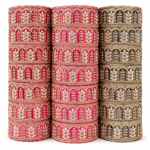 Tissu brodé en brocart avec bordure en dentelle, perles et paillettes, 100% coton léger, pour vêtements de mariée, couture et décoration - Product Image 1