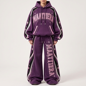 Ensemble de survêtement violet oversize pour femme avec détails en strass, pantalon large, sweat à capuche streetwear personnalisé, fournisseur en gros - Product Image 1
