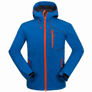 <b>Men's</b> Blue Hooded Fleece <b>Jacket</b> With Orange Zipper Windproof Sporty Winter Outerwear Regular Fit Polyester Shell - Product Image 1