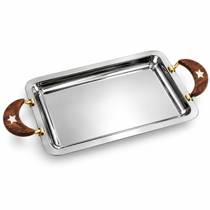 Elegante Bandeja de Servir de Acero Inoxidable con Asa de Madera en Forma de Estrella de Media Luna | Bandeja Rectangular para Té, Aperitivos, Postres, Fiestas y Uso Diario - Product Image 1