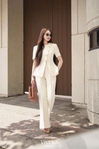 Women's Elegant for Two Piece Suit <b>Set</b> Short Sleeve <b>Blazer</b> Flared Pants Solid Color O-Neck Regular Fit Button Anti-Pilling PANSY - Product Image 5
