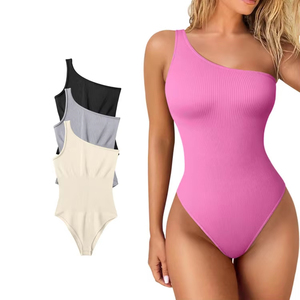 Body de punto de un solo hombro para mujer, de cintura alta, control de abdomen, faja moldeadora, color liso, sexy, para discoteca, primavera-verano, transpirable - Product Image 5
