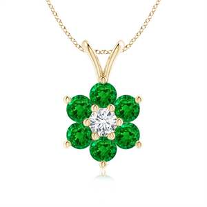 14K <b>Solid</b> <b>Gold</b> Natural Emerald Classic Six Petal Flower <b>Pendant</b> With Diamond Fine Jewellery Anniversary Gift For Her 2026 - Product Image 1