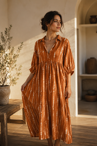 Vestido de Fiesta Marrón para Mujer, Estilo Bohemio, Tie Dye, 100% Algodón, Largo hasta el Suelo, Cuello en V, Manga Abullonada, Corte Moderno - Product Image 4