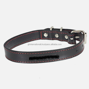 Hecho EN LA India Collar de perro de cuero Premium negro cosido en rojo logotipo personalizado hecho a mano collar de perro de cuero ajustable completo para mascotas - Product Image 5