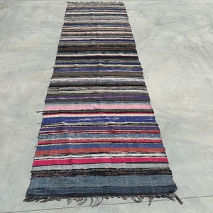 Alfombra de Algodón a Rayas Hecha a Mano, Rectangular, Estilo Bohemio, Tejido Plano, Base de Yute, Pelo Medio, Lavable, Grosor Medio, Decoración para Pasillo - Product Image 1