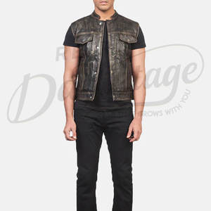 Chaleco de Cuero Genuino Marrón Vintage Personalizado para Hombre, Corte Ajustado, Sin Cuello, con Botones a Presión y Bolsillos - Product Image 1