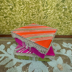 Handcrafted festive fabric jewellery <b>box</b> set featuring vibrant orange <b>pink</b> and green velvet bases beautifully finished - Product Image 1