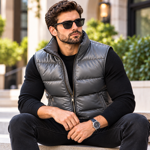 Fabricante de Chalecos Bomber de Cuero Genuino para Hombre Personalizados |   Fabricante de Chalecos Bomber Acolchados de Cuero Genuino - Product Image 3