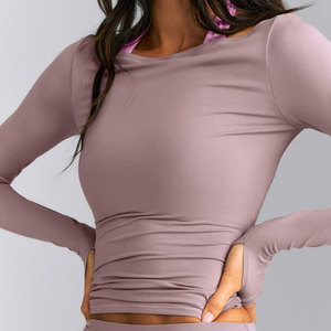 Elastic Tight Women Gym Body Fit Compression Wide Shoulder Yoga Top Summer Casual High Stretch <b>Long</b> Sleeve Sweat Wicking Top - Product Image 4