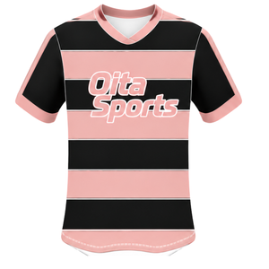 Maillot de rugby rose clair et noir à manches courtes, col rond, rayé, pour l'entraînement et les matchs sportifs - Product Image 1