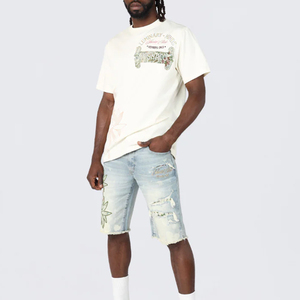 High Street Fashion <b>Men</b> Denim Shorts Elastic Waist Breathable Quick Dry Summer Custom Sublimated Printing 100% Cotton Fitness - Product Image 4