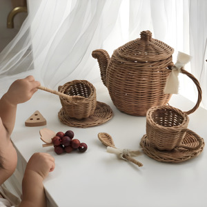 Nuevos productos calientes, juegos de teteras de madera no tóxicas, juego de juguetes de té para niños de ratán Premium - Product Image 6