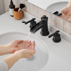 Rubinetto da Bagno Nero a 3 Fori da 8 Pollici con Doppia Leva e Scarico a Scomparsa per Lavabo - Product Image 1