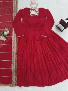 Vestido Anarkali con Dupatta de Georgette Sintético, Bordado con Lentejuelas, Traje con Cintura Natural, Estilo Dulce y Moderno, Largo hasta el Suelo, para Adultos, para Bodas - Product Image 5