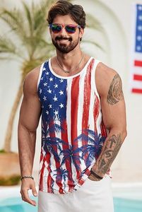 เสื้อกล้ามพิมพ์ลายต้นปาล์มธงชาติอเมริกันสำหรับผู้ชาย คอกลม แขนกุด สวมใส่สบาย ระบายอากาศได้ดี ผ้าถัก - Product Image 5
