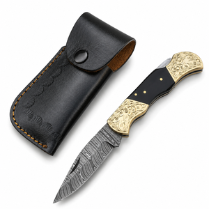 Luxury Handmade Damascus Folding Pocket <b>Knife</b> with Engraved Brass Bolster & Black Wood <b>Handle</b> OEM ODM Manufacturer - Product Image 1