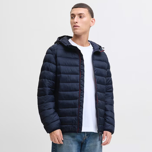 Chaqueta Acolchada con Capucha Azul Marino Unisex, Cortavientos, con Cremallera Roja, Deportiva, de Invierno, de Cuero PU, de Secado Rápido - Product Image 2
