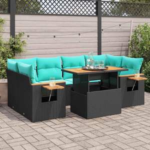 Ensemble de canapés de patio en polyrotin noir avec coussins, 6 places, meubles de jardin d'extérieur, design élégant, plateau de table en bois massif - Product Image 1