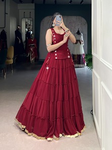 Robe de mariée traditionnelle indienne pakistanaise pour femmes, Lehenga Choli rouge, longueur au sol, polyester, coupe ample, extensible, vêtements ethniques - Product Image 2