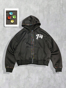 Sudaderas con capucha de lujo Y2K con cremallera y pedrería de cristal para hombre, ropa urbana con diamantes de colores, algodón grueso, logotipo personalizado - Product Image 2