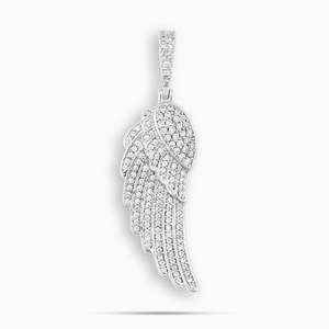 Iced Out <b>Angel</b> Wing Pendant Necklace | White Gold Plated Wing Pendant with Tennis Chain | Hip Hop Luxury Unisex Jewelry - Product Image 1