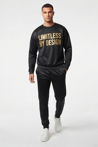 Conjunto deportivo negro estampado para hombre, sudadera con cuello redondo y pantalones deportivos, 100% poliéster, conjunto de sudadera estampada de felpa. - Product Image 6