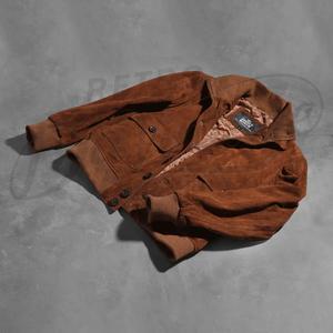 Veste en daim vintage pour homme, couleur tabac, boutonnée, style bomber, coupe slim, veste Harrington décontractée en daim - Product Image 6
