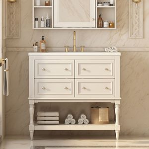 Mobile Bagno Autoportante in Legno Massello da 36 Pollici con 4 Cassetti e Lavabo Sottopiano in Ceramica - Set Completo - Product Image 3
