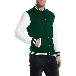Green Varsity <b>Jacket</b> Unisex Style Fleece Material <b>White</b> Sleeve Button Closure Autumn Casual Outerwear Regular Fit - Product Image 6