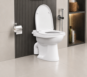 Cuvette de toilettes monobloc en céramique blanche, à poser au sol, allongée, avec évacuation en P/S, design moderne et écologique pour salle de bain - Product Image 2