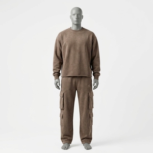 Conjunto de Pantalones y Sudadera Cargo Marrón Lavado para Hombre, Cuello Redondo Oversize, Bolsillos Utilitarios, Chándal Casual de Dos Piezas a Juego para Streetwear - Product Image 3