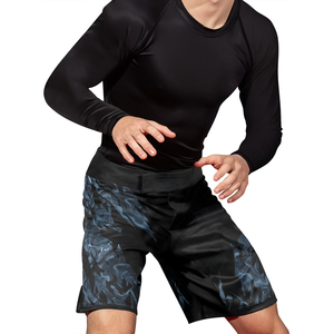 Men's Black Blue Floral Print Sport Nogi BJJ Gym Shorts Breathable <b>Canvas</b> Drawstring Closure Front Stripe Pockets Elastic Waist - Product Image 1
