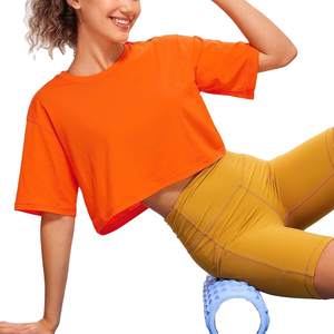 Women's Orange <b>Crop</b> <b>Top</b> Short Sleeve Crew Neck Loose Fit Solid Color Jersey Cotton Casual T-Shirt Spring Summer Wear - Product Image 3