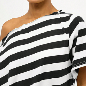 Nouveau T-shirt femme 2026 à épaules dénudées, couleur unie, respirant, 100 % coton, broderie jersey, décontracté, manches courtes, à rayures - Product Image 4