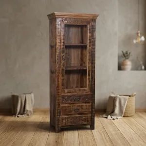 Armoire de présentation rustique en bois avec portes vitrées, tiroirs et détails sculptés à la main pour salon - Product Image 4