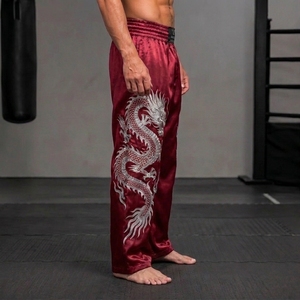 Men's <b>Red</b> <b>Silk</b> Kung Fu Pants Hand Embroidered Dragon Loose Fit Breathable Martial Arts Wear With Cheap Price & OEM Service - Product Image 5