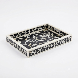 Ensemble de plateaux ronds de luxe faits à la main en os noir et blanc avec incrustations de nacre pour table basse, ottoman et décoration - Product Image 3