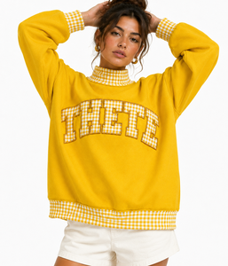 Sweat-shirt oversize à col montant pour femme, en tissu épais, avec patchwork personnalisé à carreaux vichy, style streetwear universitaire - Product Image 5