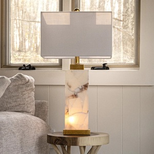 Designer <b>Marble</b> <b>Bedside</b> Lamp With Refined Geometric Structure Elegant Fabric Shade And Timeless Luxury Presence - Product Image 2