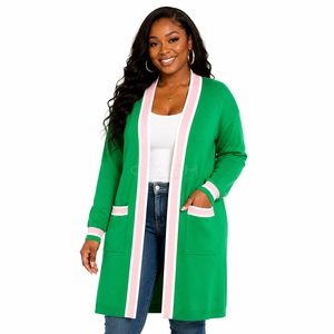 Cosh International Sorority Sisterhood Acrylic <b>Ladies</b> Green <b>Long</b> Sleeve <b>Cardigan</b> With Pink Trim And Pockets For Women - Product Image 1