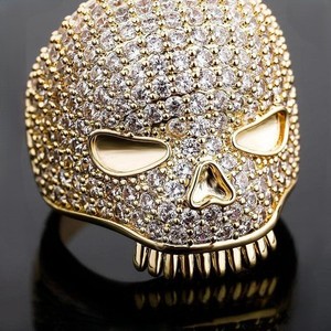 Men's 925 Silver Skull <b>Cocktail</b> <b>Ring</b> With Crystal Pave Setting Hiphop Style <b>Gold</b> Plated - Product Image 2