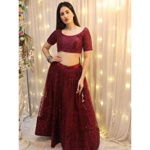 Splendide Vin Brodé Net Réception Porter Lehenga Choli avec Dupatta Robes De Soirée Élégantes - Product Image 5
